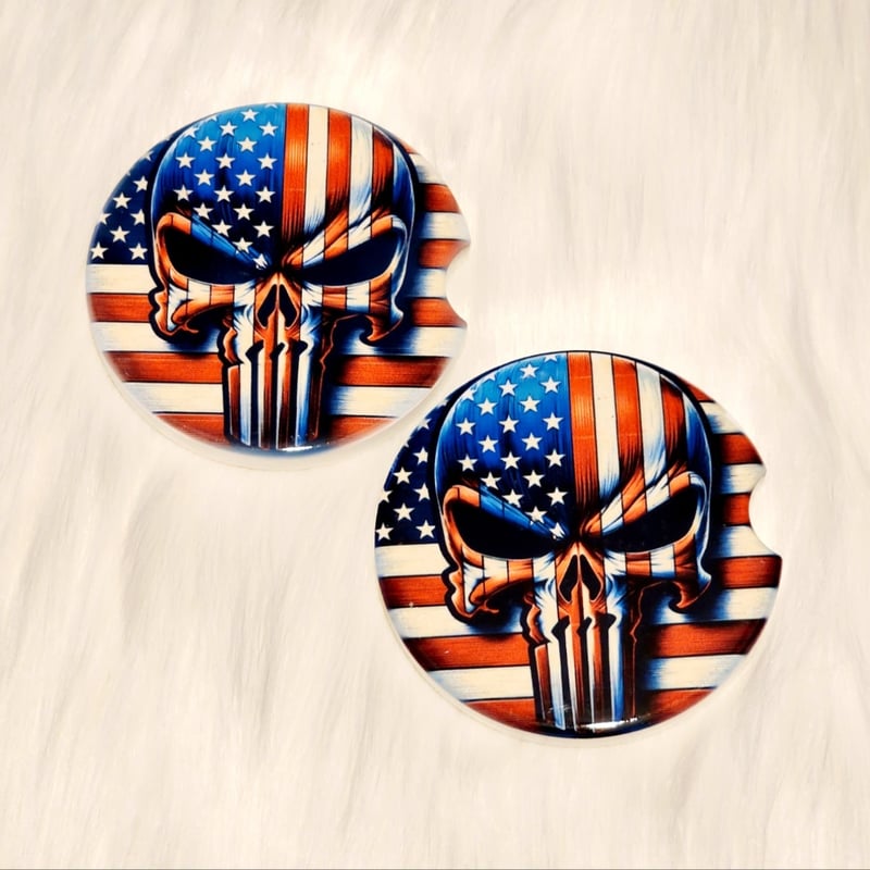 American Flag Punisher Car Coaster Set | Patriotic Skull Design