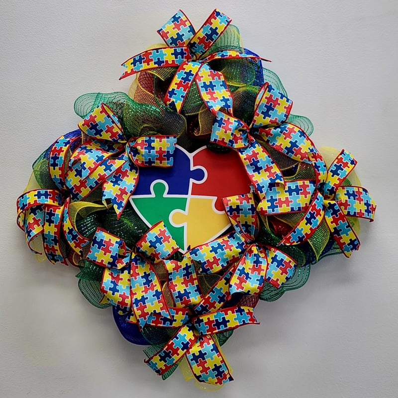 Autism Awareness Deco Mesh Wreath | Puzzle Piece Door Decor