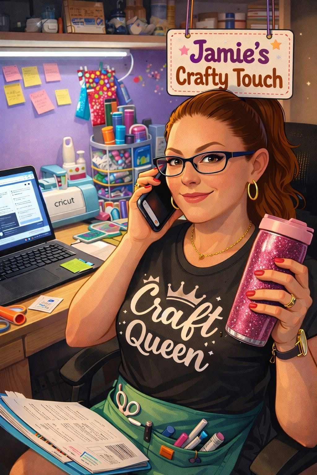 Illustration of Jamie at her craft desk with her Cricut and a glitter tumbler