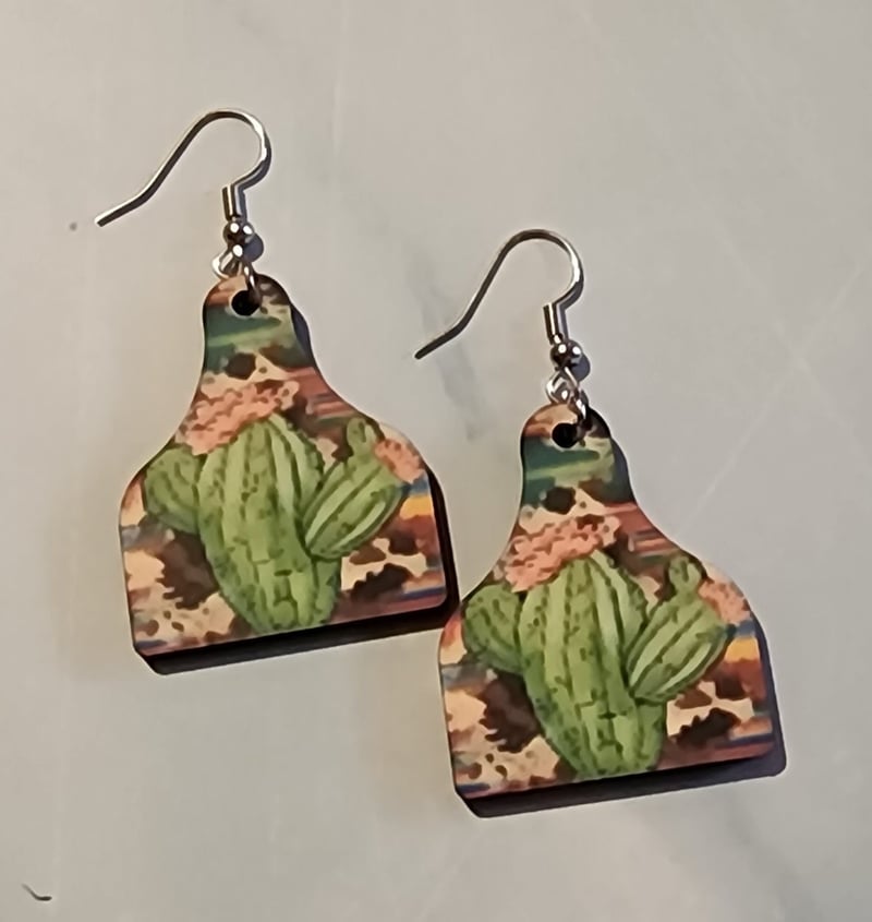 Blooming Cactus Cow Tag Earrings | Western Desert Statement Earrings, photo 1 of 1