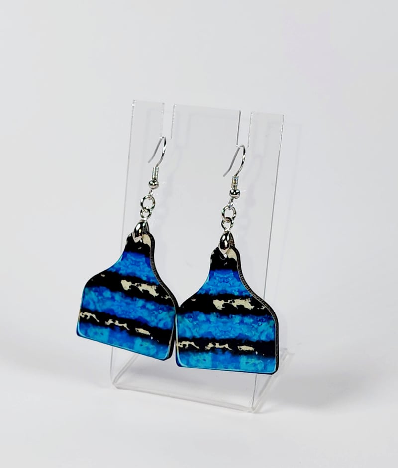 Blue Holstein Cow Tag Earrings | Western Cow Print Statement Earrings, photo 1 of 4