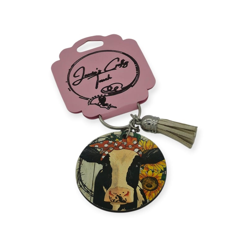 Holstein Cow Sunflower Keychain | Farmhouse Cow Tassel Keychain Gift